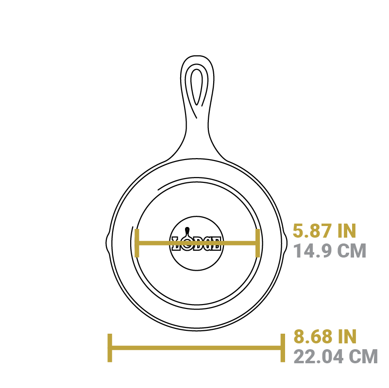 Dimensional drawing of 8" skillet. Flat bottom width is 5.87 inches, total width is 8.68 inches.
