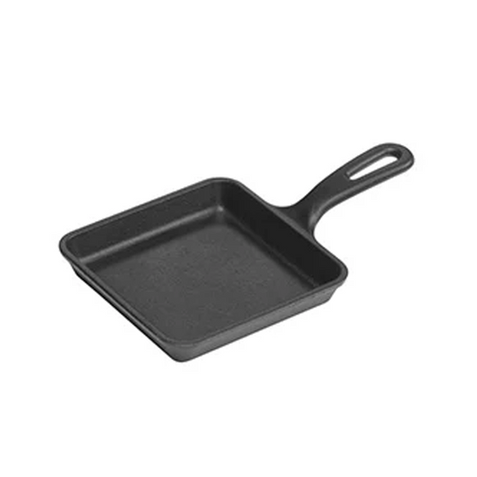 Square skillet with round corners and long handle.