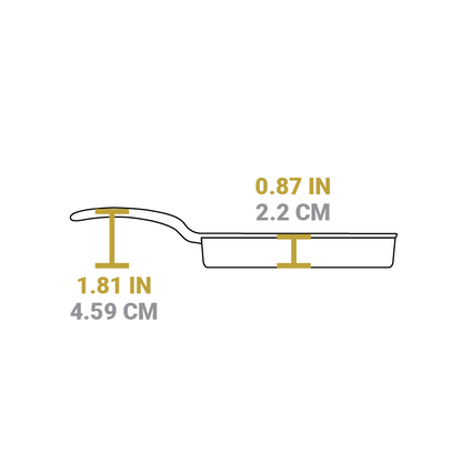 Dimensional drawing of product. Depth of cooking surface is 0.87 inches, height of handle from bottom is 1.81 inches.
