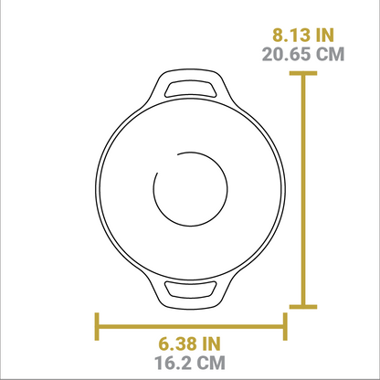 Dimensional drawing of product. Total width from handle to handle is 8.13 inches, length is 6.38 inches.