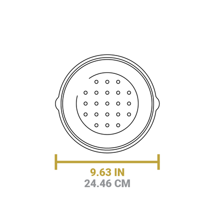 Dimensional drawing of product. Diameter is 9.63 inches.