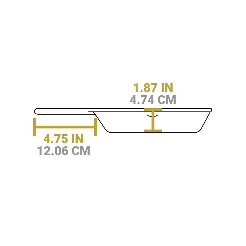 Dimensional drawing product. Depth of skillet is 1.87 inches, handle length is 4.75 inches.