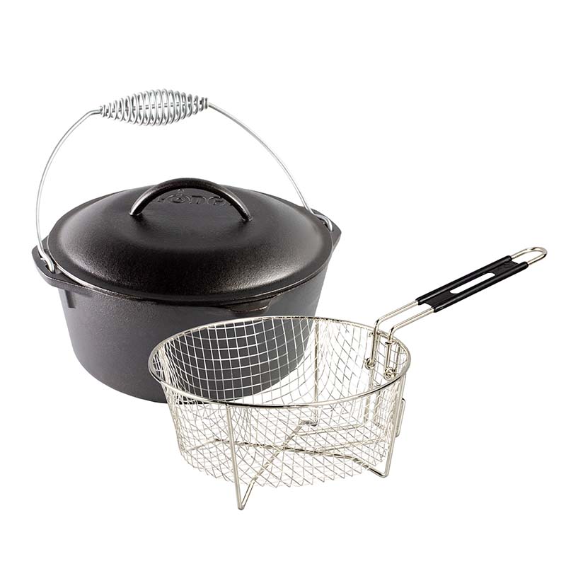 Black cast iron Dutch oven with a metal fry basket.