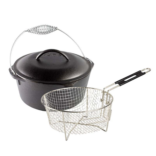 Black cast iron Dutch oven with a metal fry basket.