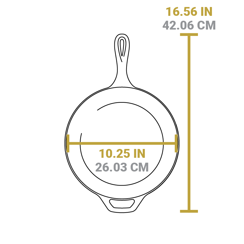 Dimensional drawing of product. Width of cooking surface is 10.25 inches, total length including handles is 16.56 inches.