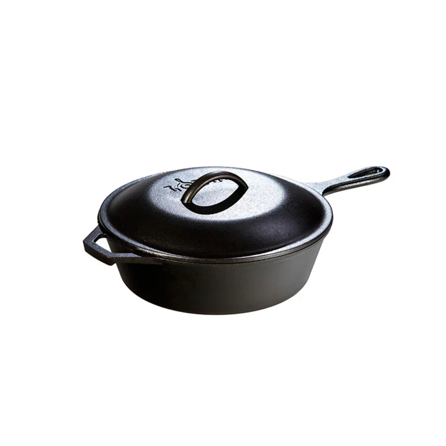 A deep, circular skillet with a longer handle, loop handle, and lid.