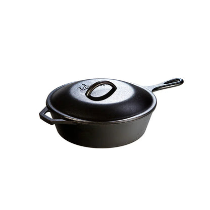 A deep, circular skillet with a longer handle, loop handle, and lid.