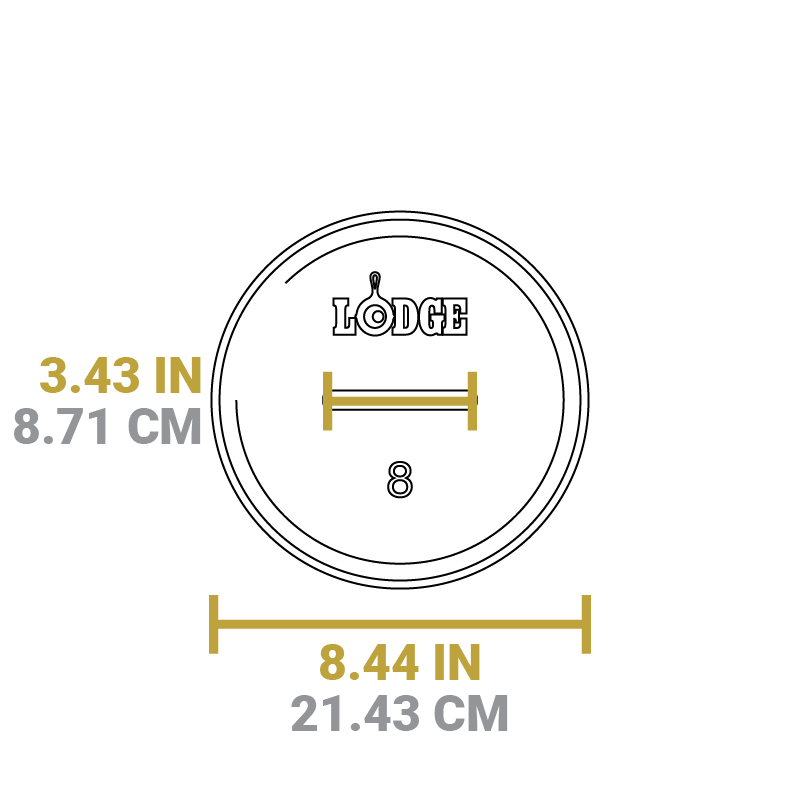 Dimensional drawing of product lid. Total width is 8.44 inches, width of handle is 3.43 inches.