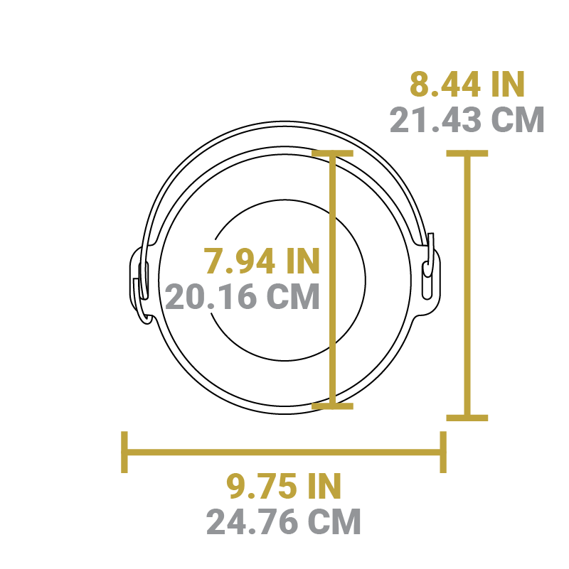 Dimensional drawing of product lid. Total width is 9.75 inches, total length including handle is 8.44 inches, diameter of lid is 7.94 inches.