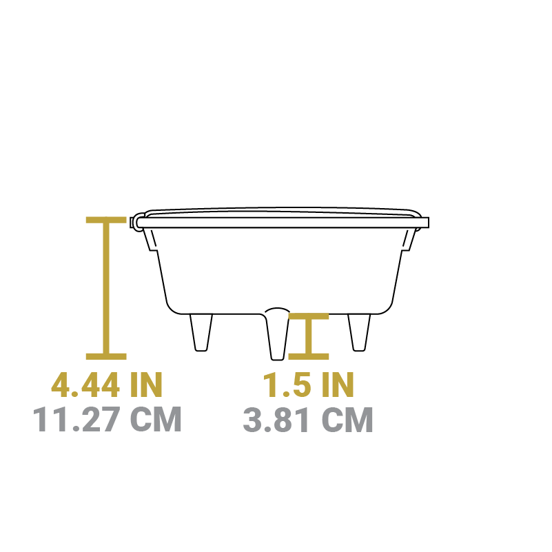 Dimensional drawing of product. Total height of oven is 4.44 inches, height of legs is 1.5 inches.