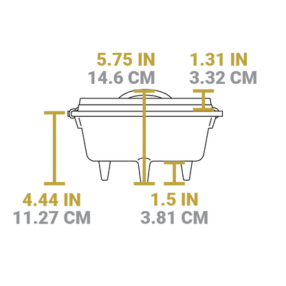 Dimensional drawing of product. Total height is 5.75 inches, height of dutch oven is 4.44 inches, height of legs is 1.5 inches, and height of lid is 1.31 inches.