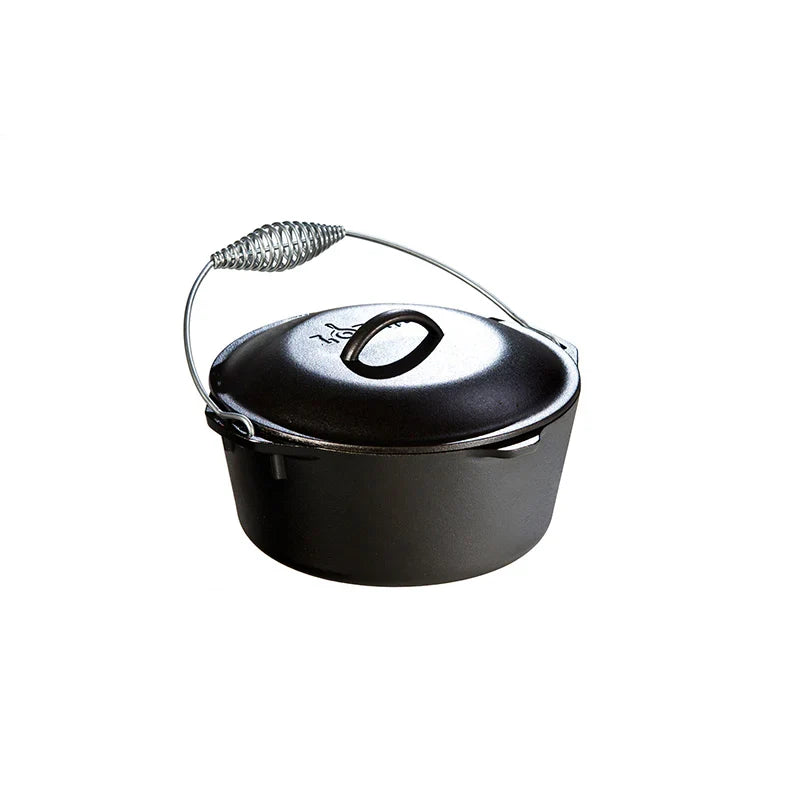 Black cast iron Dutch oven with lid and a silver handle.