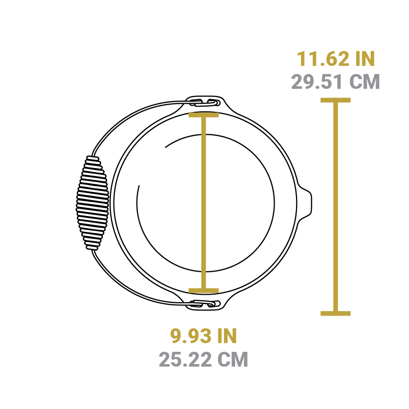 Dimensional drawing of dutch oven. Width of cooking surface is 9.93 inches, total length is 11.62 inches.