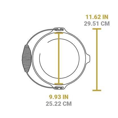Dimensional drawing of dutch oven. Width of cooking surface is 9.93 inches, total length is 11.62 inches.