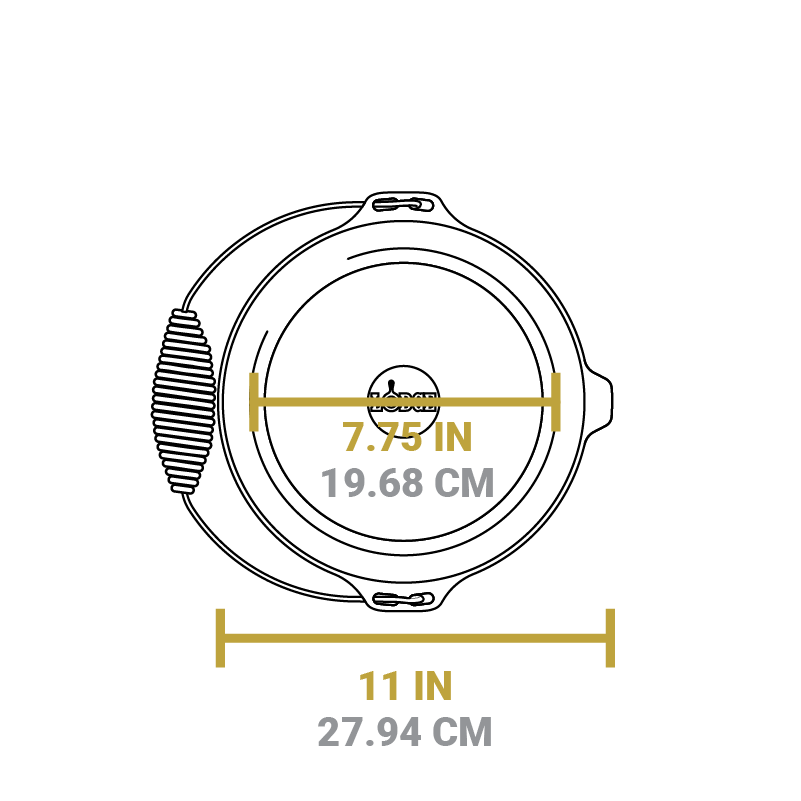 Dimensional drawing of dutch oven. Width of flat bottom is 7.75 inches, total width is 11 inches.