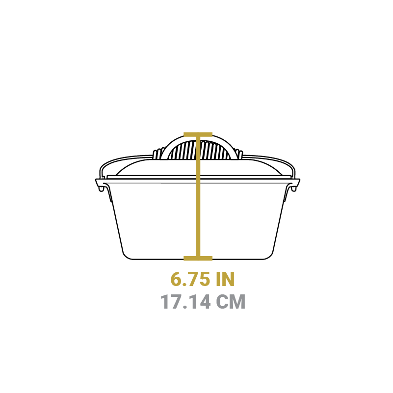 Dimensional drawing of dutch oven. Total height including lid is 6.75 inches.