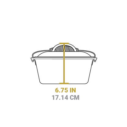 Dimensional drawing of dutch oven. Total height including lid is 6.75 inches.