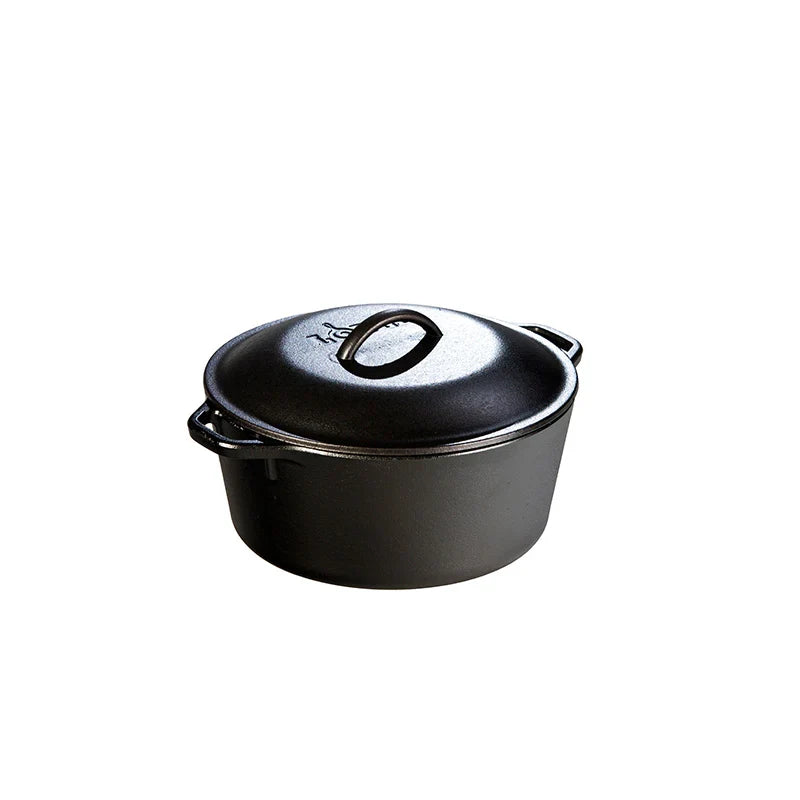 Cast iron dutch oven with lid. A loop handle on each side and a handle on top of lid.