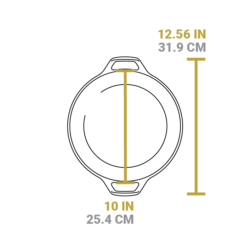 Dimensional drawing of dutch oven. Width of dutch oven cooking surface is 10 inches, total width from handle to handle is 12.56 inches.
