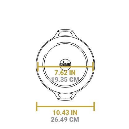 Dimensional drawing of dutch oven. Length of flat bottom is 7.62 inches, total length is 10.43 inches.