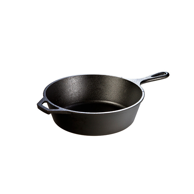 A deep, circular skillet with a long handle and loop handle.