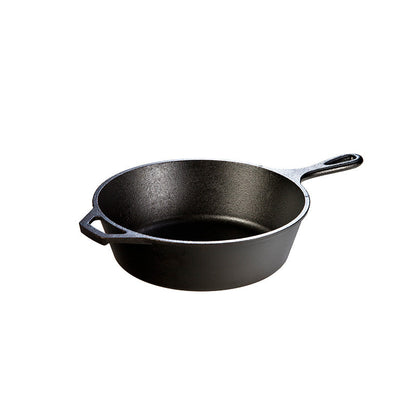 A deep, circular skillet with a long handle and loop handle.