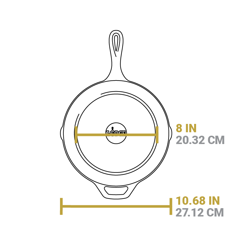Dimensional drawing of grill pan. Width of flat bottom is 8 inches, total width is 10.68 inches.
