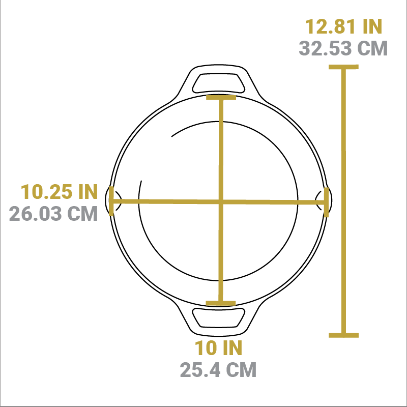 Dimensional drawing of product. Total width from handle to handle is 2.81 inches, width of cooking surface is 10 inches, length of cooking surface from pour spout to pour spot is 10.25 inches.
