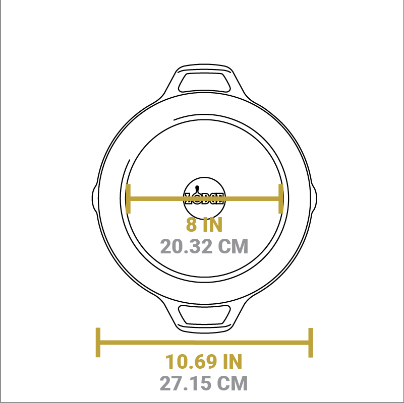 Dimensional drawing of product. Flat bottom width is 8 inches, total width is 10.69 inches.
