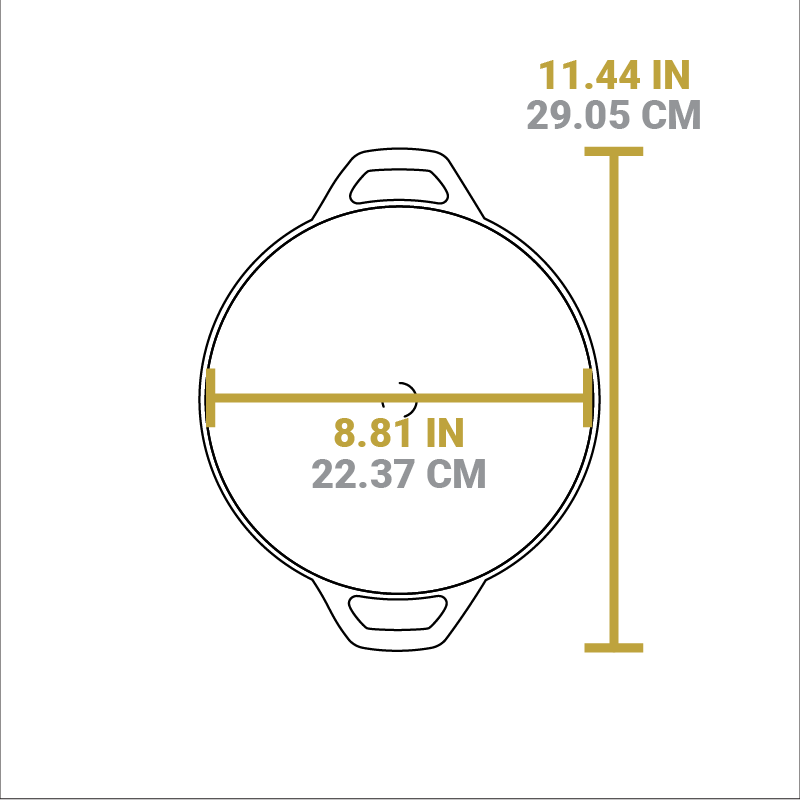 Dimensional drawing of product. Total width from handle to handle is 11.44 inches, length of cooking area is 8.81 inches.