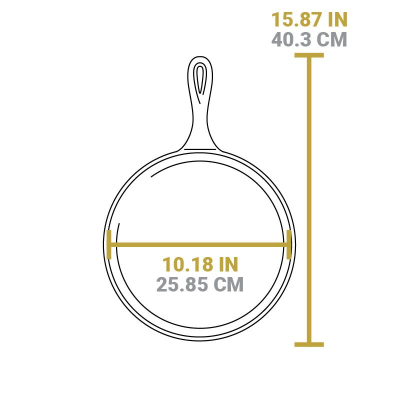 Dimensional drawing of griddle. Total length including handle is 15.87 inches, width of griddle is 10.18 inches.