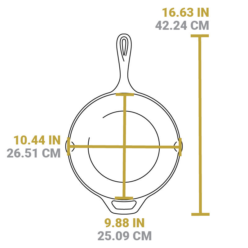 Dimensional drawing of the 10 inch skillet. Full length is 16.63 inches, width of cooking surface is 10.44 inches, and length of cooking surface is 9.88 inches.