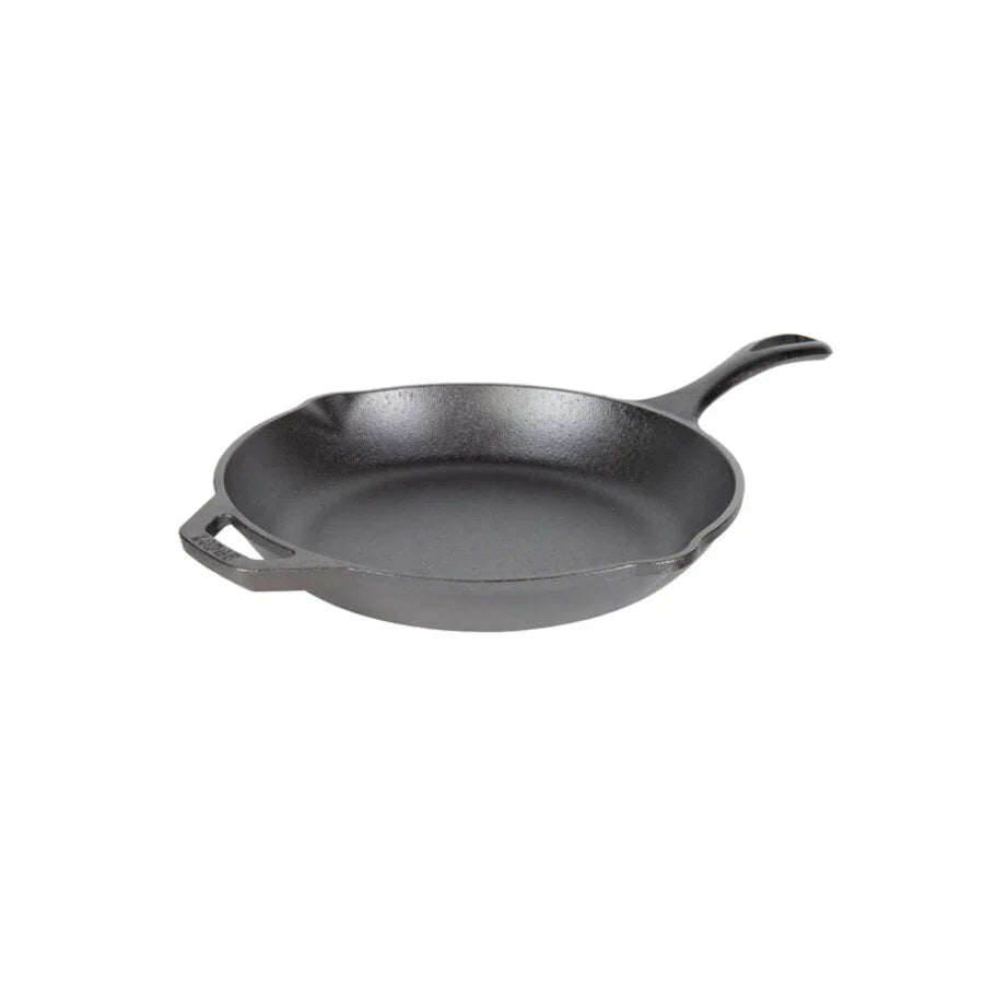 Black cast iron skillet with long handle and loop handle on opposite sides, along with 2 pour spots.