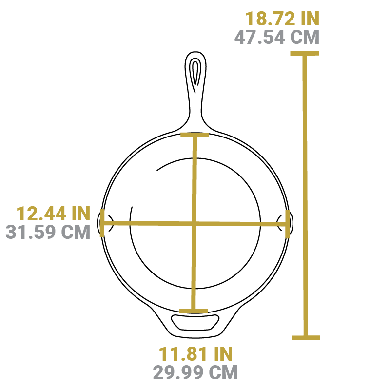 Dimensional drawing of 12 inch skillet. Total length including handle is 18.72 inches length of cooking surface is 11.81 inches, and width of cooking surface from pour spout to pour spout is 12.44 inches.