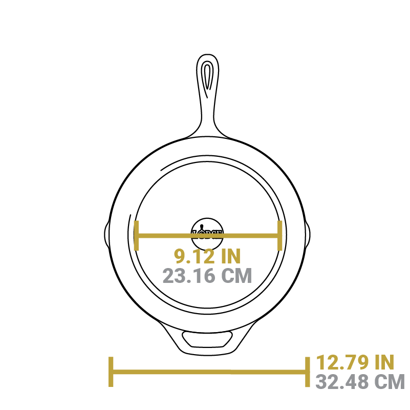 Dimensional drawing of 12 inch skillet. Flat bottom width is 9.12 inches, total width is 12.79 inches.