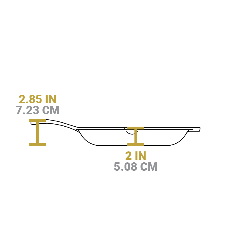 Dimensional drawing of 12 inch skillet. Depth of cooking surface is 2 inches, height of handle form bottom is 2.85 inches.
