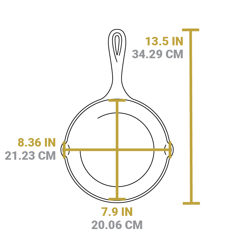 Dimensional drawing of product. Total length including handle is 13.5 inches length of cooking surface is 7.9 inches, and width of cooking surface from pour spout to pour spout is 8.36 inches.