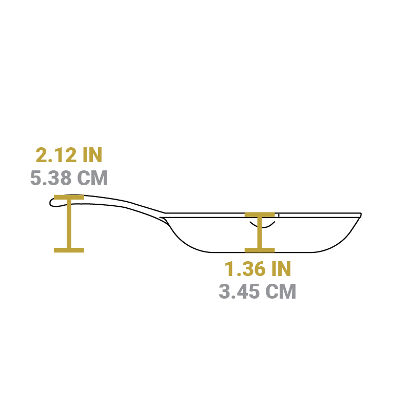 Dimensional drawing of product. Depth of cooking surface is 1.36 inches, height of handle form bottom is 2.12 inches.