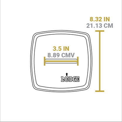 Dimensional drawing of product. Width of handle is 3.5 inches, width of press is 8.32 inches.
