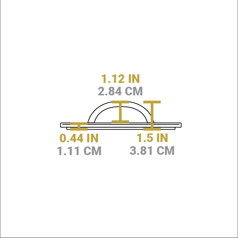 Dimensional drawing of product. Total height is 1.5 inches, height of handle from press is 1.12 inches, depth of press is 0.44 inches.