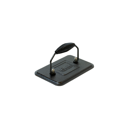 Rectangular grill press, with round corners and a spiral handle in middle.