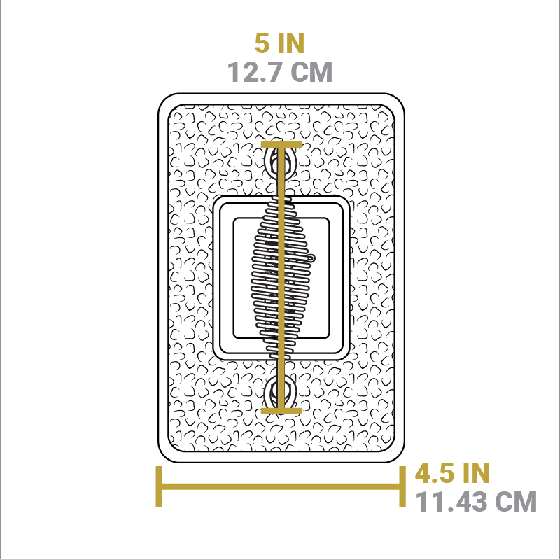 Dimensional drawing of product. Width of handle is 5 inches, width of press is 4.5 inches.