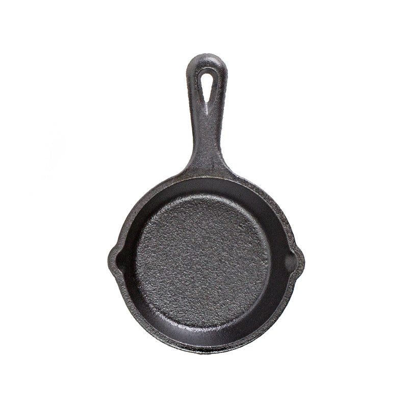 Cast iron skillet with one long handle, there's a pour spout on the left and right side.