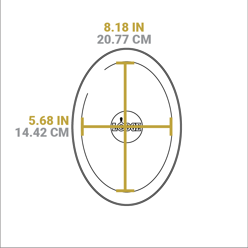 Dimensional drawing of product. Width of flat bottom is 8.18 inches, length is 5.68 inches.