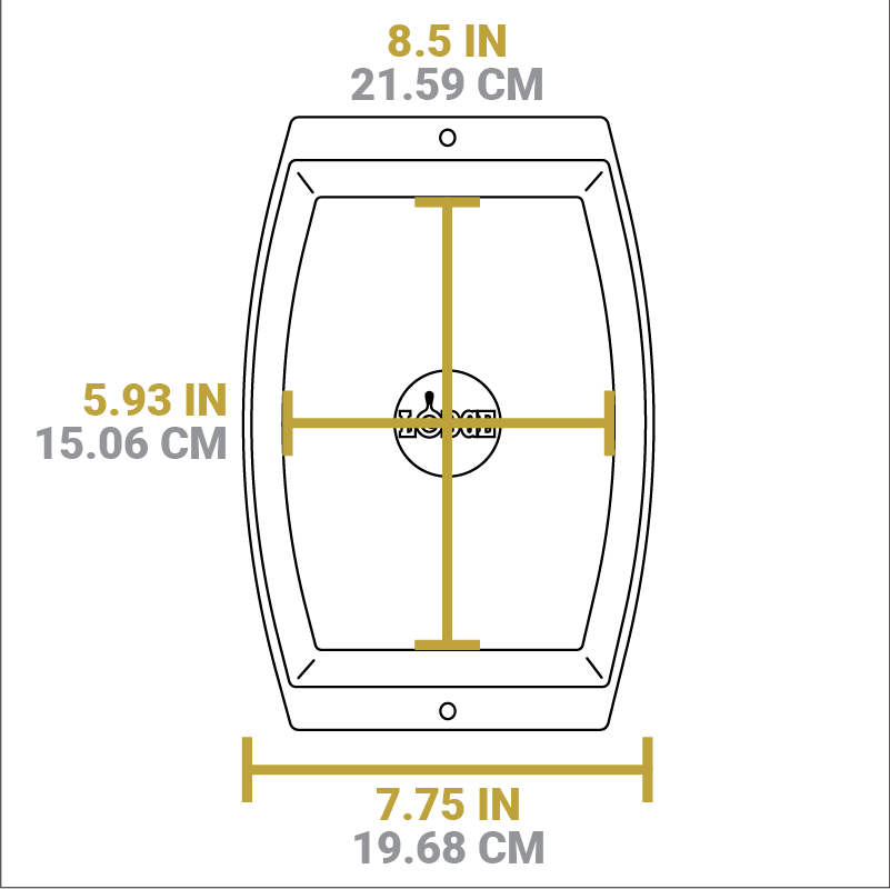 Dimensional drawing of product. Width of flat bottom is 8.5 inches, length of flat bottom is 5.93 inches, and width of handles is 7.75 inches.