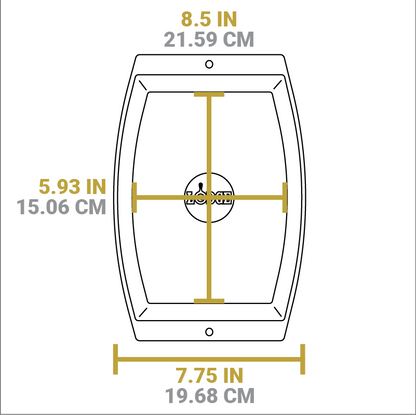 Dimensional drawing of product. Width of flat bottom is 8.5 inches, length of flat bottom is 5.93 inches, and width of handles is 7.75 inches.