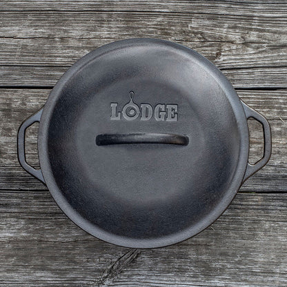 Top view of dutch oven with lid, featuring Lodge branding and lid handle.