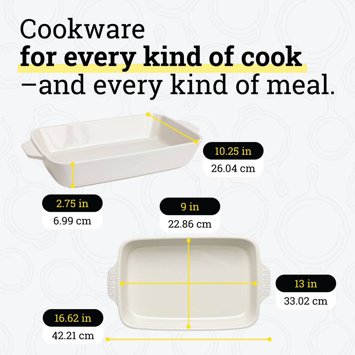 Dimensional drawings of casserole dish. Product height is 2.75 inches, width is 10.25 inches, length is 16.62 inches. Cooking surface width is 9 inches, surface length is 13 inches.