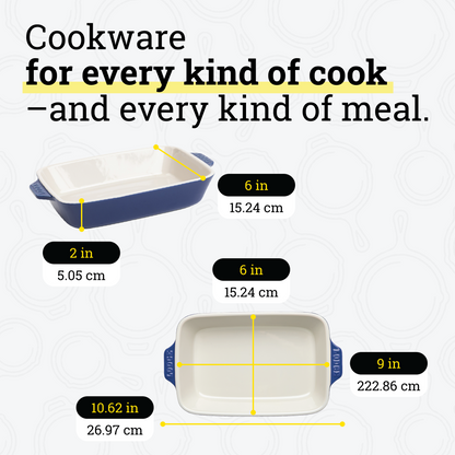 Dimensional drawings of casserole dish. Product height is 2 inches, width is 6 inches, length is 10.62 inches. Cooking surface width is 6 inches, surface length is 9 inches.