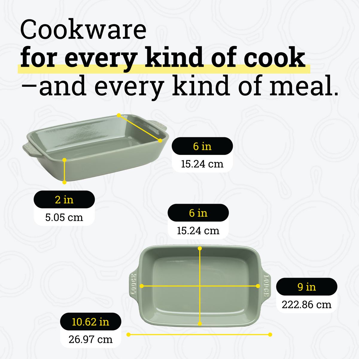 Dimensional drawings of casserole dish. Product height is 2 inches, width is 6 inches, length is 10.62 inches. Cooking surface width is 6 inches, surface length is 9 inches.